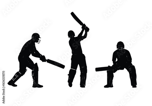 Silhouette of a cricket batsman hitting the ball, isolated on white background sports silhouette