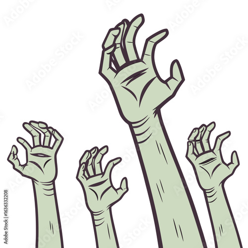 A diverse group of undead zombie hands with varying skin tones and decay reaching upwards in a menacing gesture perfect for horror themes
