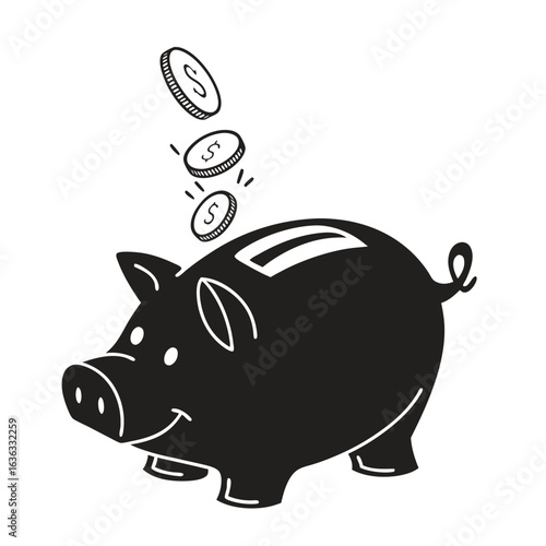 Black silhouette of a piggy bank with dropping dollar coins. A simple icon for finance, investment, and savings concepts.