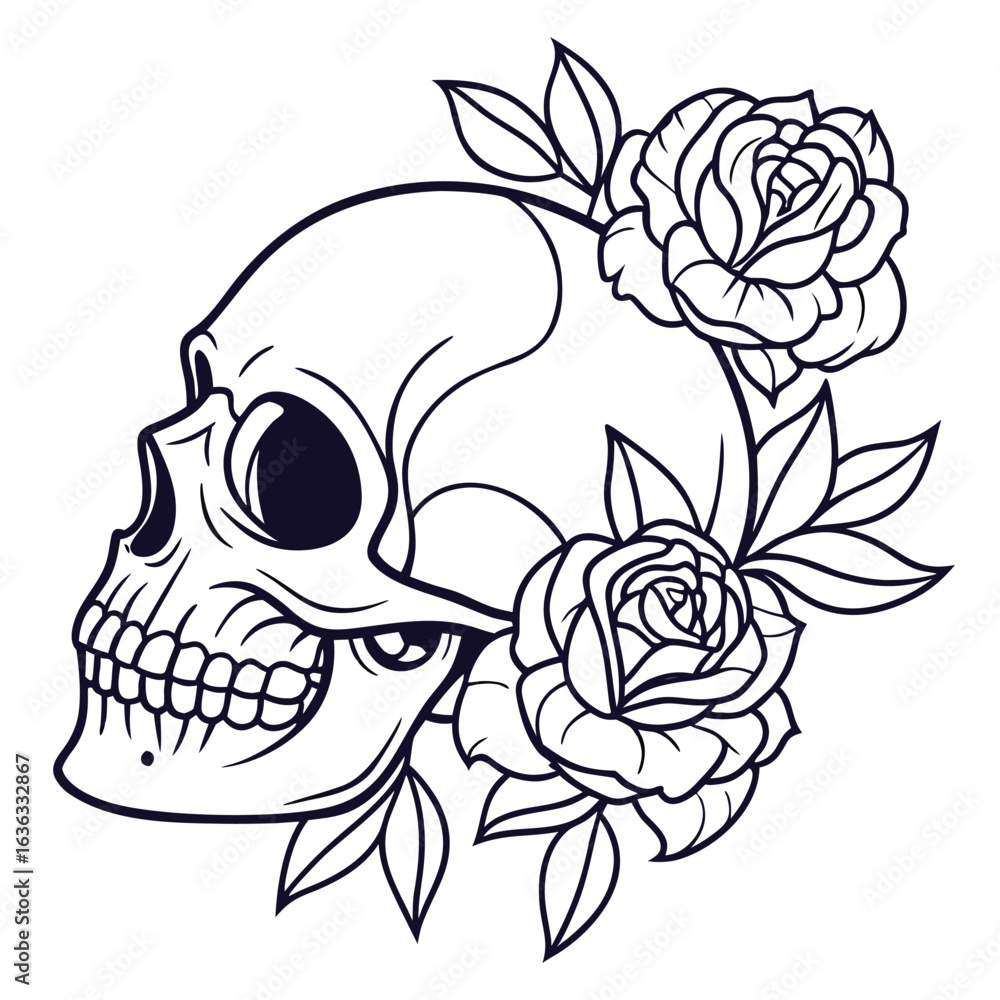 Fototapeta premium Minimalist line art human skull merged with blooming flowers and botanical elements for graphic design projects