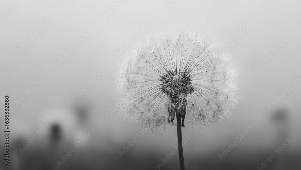 custom made wallpaper toronto digitalA grayscale close-up of a dandelion seed head,  with a soft, out-of-focus background of more seed heads in a hazy, misty environment