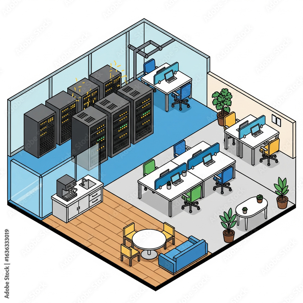 Obraz premium Isometric Tech Office Floor Plan interior design ilustration