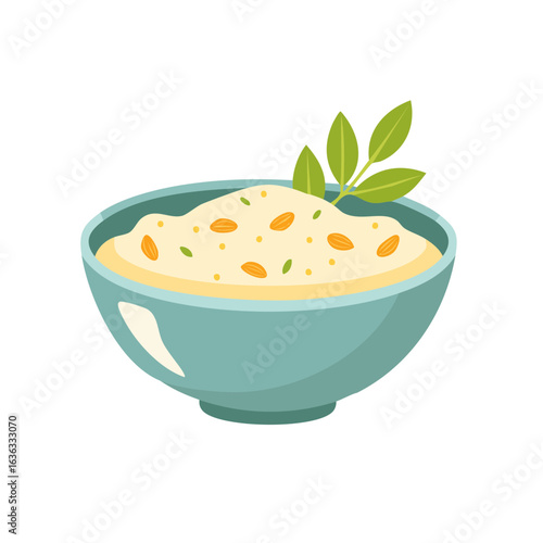 A delicious bowl of creamy porridge, garnished with fresh herbs, looks appetizing. The light color of the porridge contrasts beautifully with the bowl and the sprig of herbs.