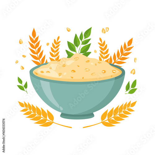 A delicious and healthy bowl of oatmeal, a perfect start to the day. The bowl is surrounded by wheat stalks and green leaves, suggesting freshness and natural ingredients