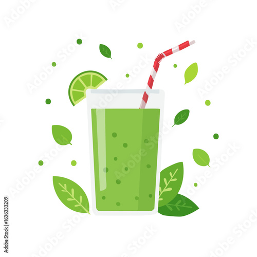 A refreshing green smoothie in a glass, garnished with a lime slice and a striped straw, surrounded by fresh leaves