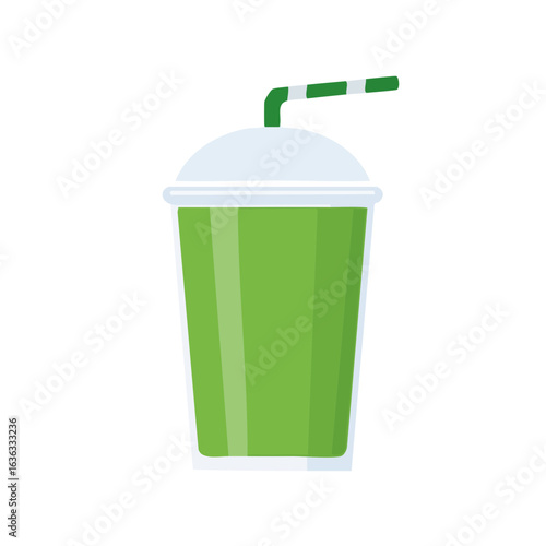 A refreshing green smoothie in a takeaway cup with a straw, perfect for a healthy lifestyle and refreshment. The vibrant green color suggests a blend of fresh ingredients.