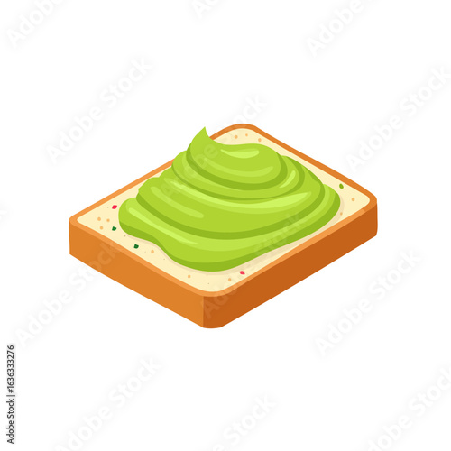 A single slice of avocado toast. The scene focuses on the appetizing combination of the bread and the spread.