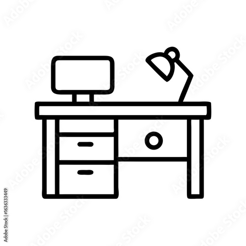 Desk with computer and lamp in minimalist design  