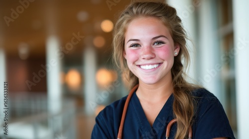 Portrait of a young female healthcare worker in navy blue scrubs with a stethoscope
