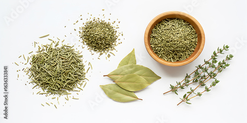 Aromatic bay leaves and herbs arranged on white for delicious cooking inspiration
