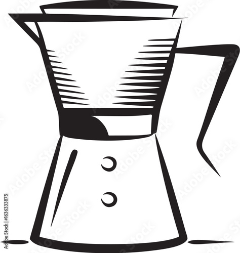 A black and white line art illustration of a vintage moka pot. Retro stovetop espresso maker graphic icon, perfect for coffee and beverage concepts.