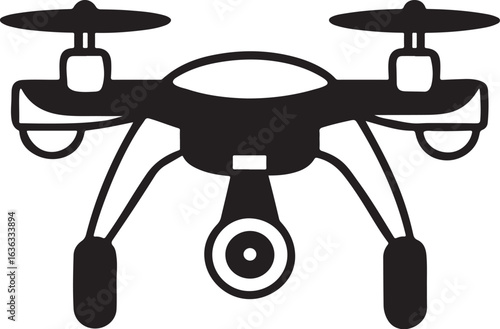 Monochrome vector illustration of a modern quadcopter drone with a camera. Simple black and white silhouette icon of an unmanned aerial vehicle for surveillance or photography.