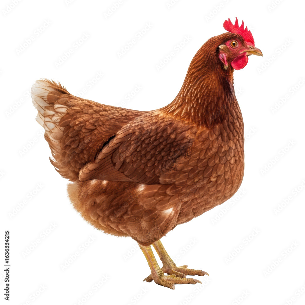 Fototapeta premium Ultra-realistic photograph of a healthy adult Rhode Island Red hen with rich reddish-brown feathers, prominent red comb and wattle, standing still in full side profile on a seamless transparent