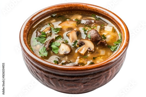 A bowl of mushroom soup with parsley garnish close up