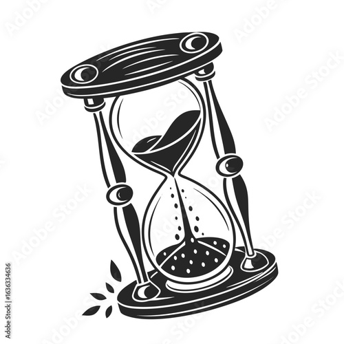 Silhouette of an antique hourglass with sand dripping. A black and white vector icon symbolizing the passage of time and deadlines.