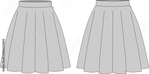 Technical illustration of a fluffy mini skirt. Casual wear format. Flat sketch, front and back views. Vector illustration, template. CAD layout.