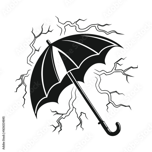 Silhouette of an open umbrella during a lightning storm, a monochrome weather concept illustration.