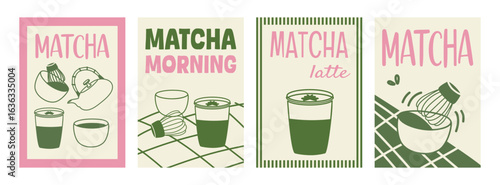 Set of retro posters featuring matcha, green tea, and latte. Minimalist green design elements include a cup, whisk, and tea drink. Suitable for cafe decor or tea-related content.
