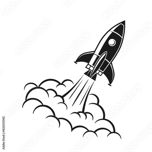 Silhouette of a space rocket launching from a cloud of smoke, a vector icon for startup business and innovation concepts.