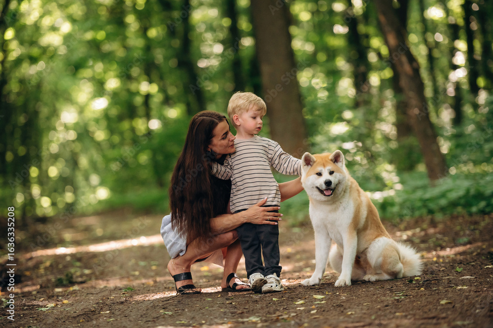 Obraz premium Mother with her son and Shiba Inu dog are in the forest