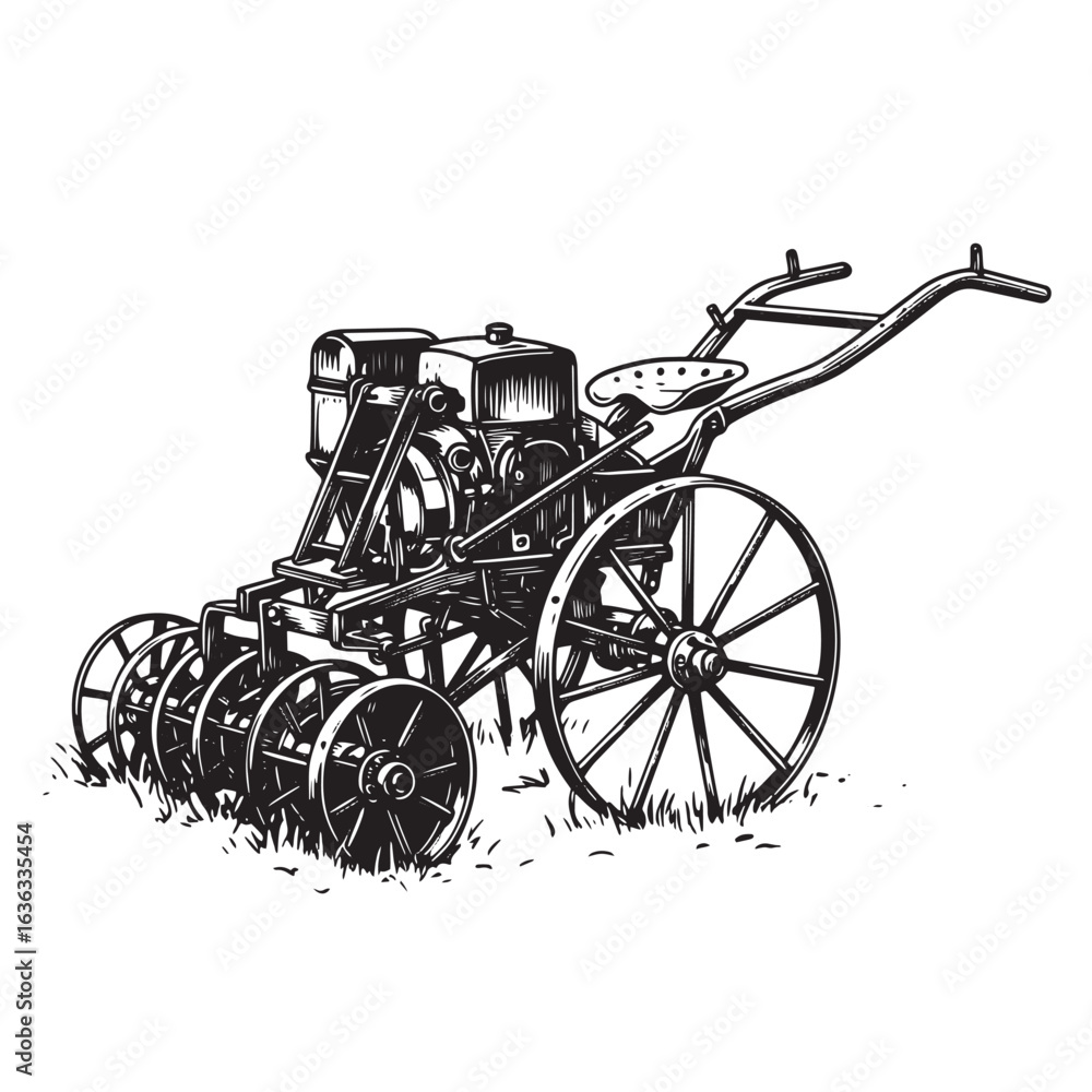 Fototapeta premium Antique farm tractor illustration hand drawn vintage style farming machinery design