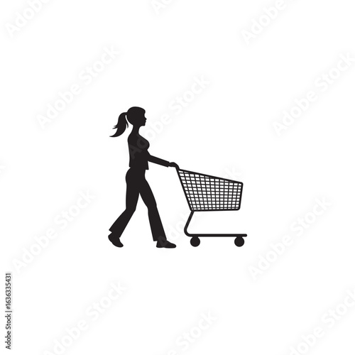Black silhouette of woman pushing shopping cart in a retail store or supermarket