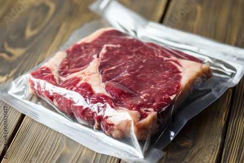 Raw steak in a vacuum sealed bag on a wood surface