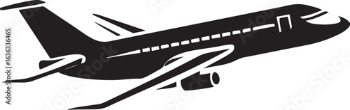 Monochromatic vector graphic of a commercial airplane during takeoff. This isolated silhouette icon represents air travel, flight, and the aviation industry.