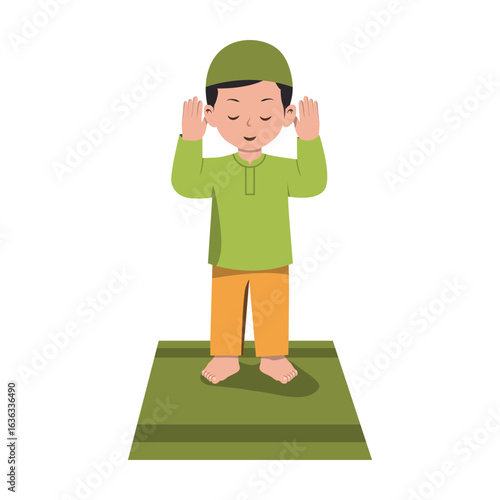 Flat art illustration of Muslim boy praying, isolated white background