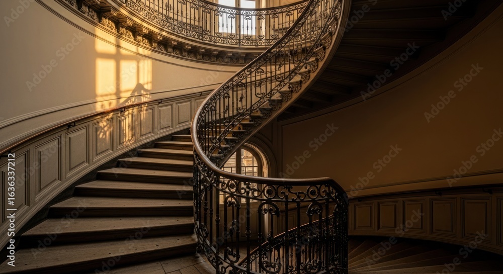 Fototapeta premium Spiral staircase with ornate iron railing, bathed in sunlight