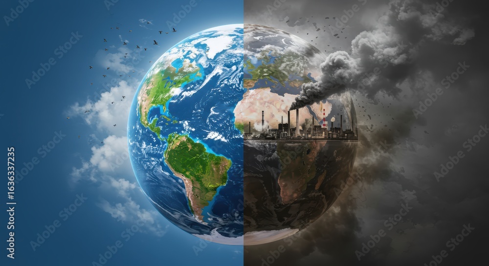 Naklejka premium Divided Earth: One side vibrant and healthy, the other polluted with factories and dark smoke, representing environmental contrast.