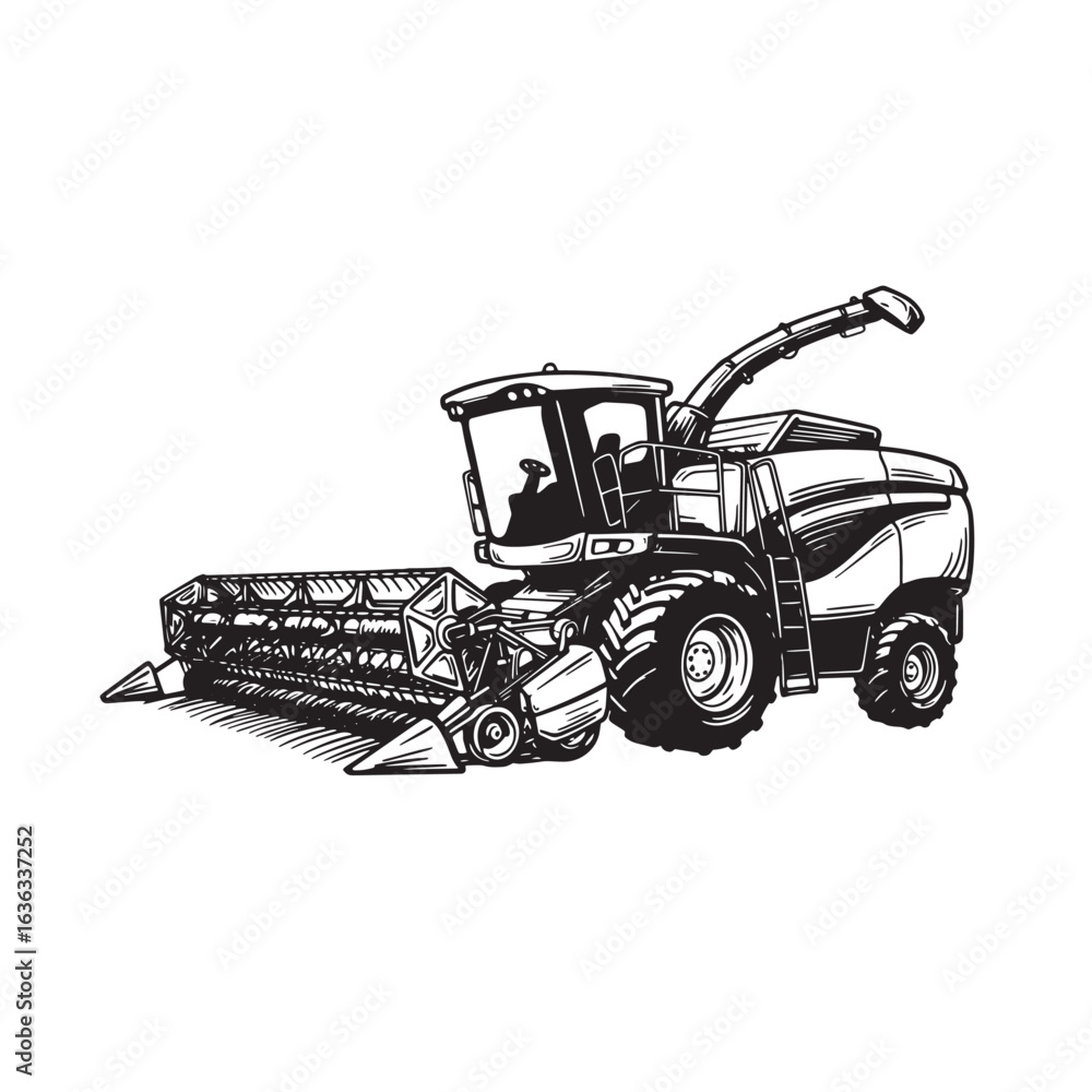 Naklejka premium Black and white vector illustration of a modern agricultural combine harvester machine