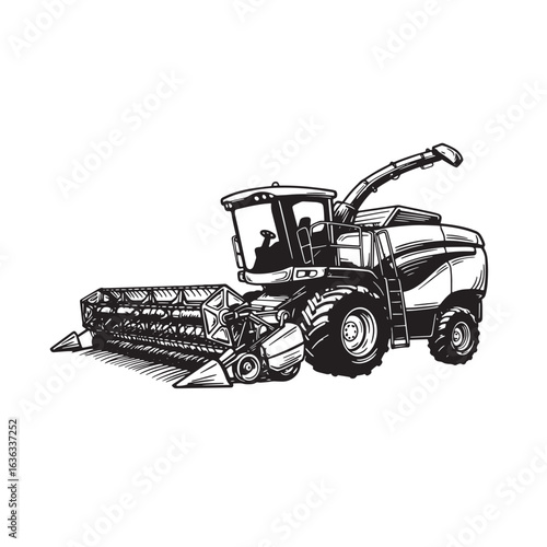 Black and white vector illustration of a modern agricultural combine harvester machine