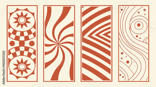 Set of four geometric patterns in retro style, ideal for backgrounds, textiles, and decorative elements with vintage charm