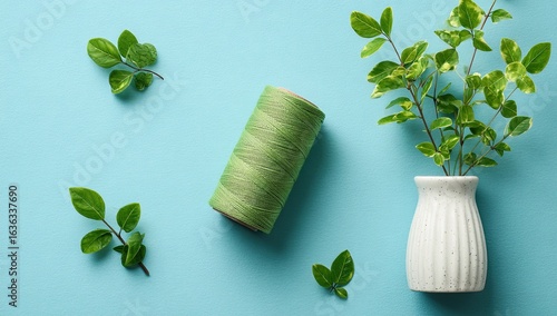 Light green thread spool and small plants on a light blue surface