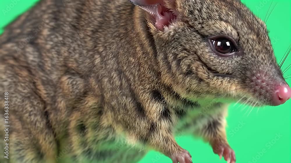 Close-up Profile of Striped Marsupial or Small Mammal on Vibrant Green Screen Background for Chroma Key