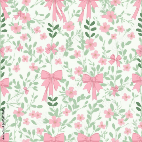 Wallpaper Mural Floral Pattern With Pink Bows and Green Leaves on White Background Torontodigital.ca