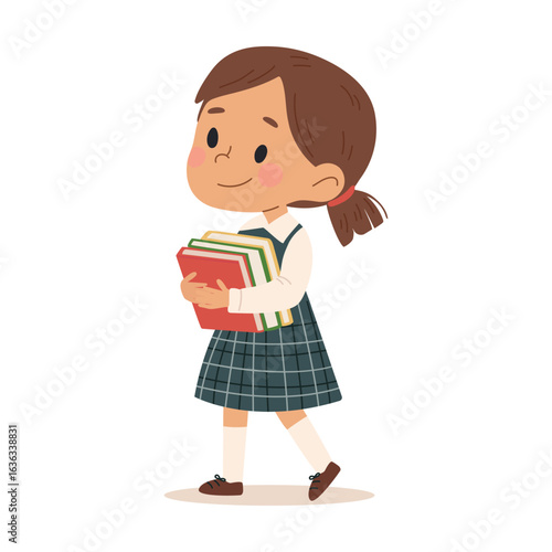 Cute little schoolgirl holding books. A child at school. Vector illustration in cartoon style