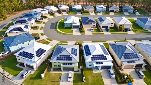 An aerial view of a modern suburban neighborhood with many houses featuring rooftop solar panels, emphasizing sustainable living and clean energy.