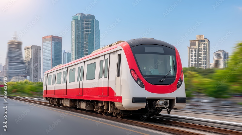 Naklejka premium Modern Train Approaching Cityscape with Skyscrapers in Background