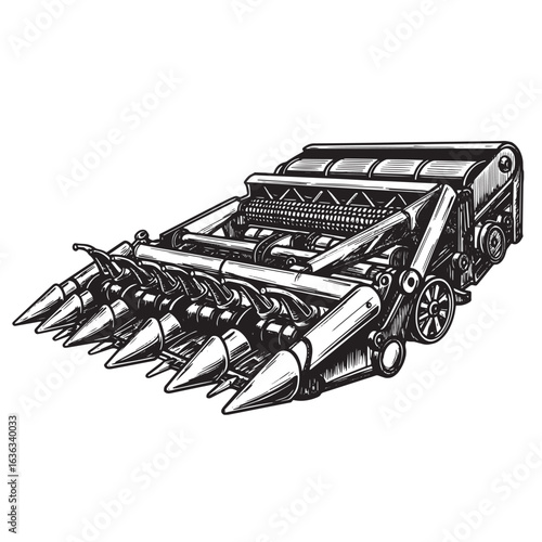 Detailed black and white illustration of a modern corn harvester head isolated