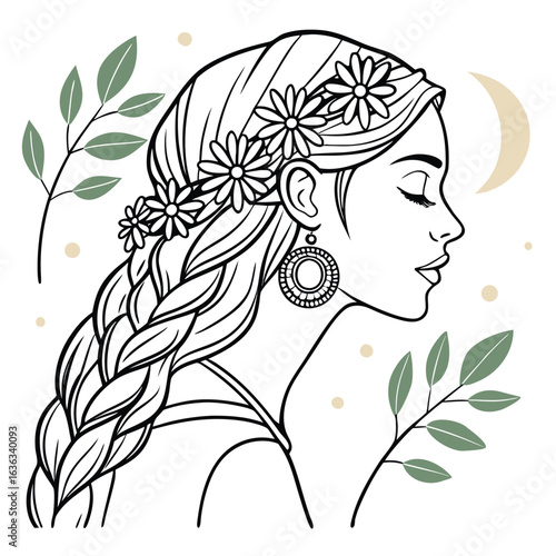 Side profile of a bohemian girl with a long flowing braided hairstyle exuding a free spirited and artistic vibe perfect for creative projects