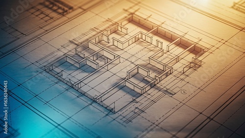 Illustration of architectural blueprint of a house foundation with detailed plans and measurements, illuminated by warm light