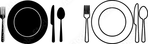 Elegant black and white silhouette of a place setting with plate fork knife and spoon
