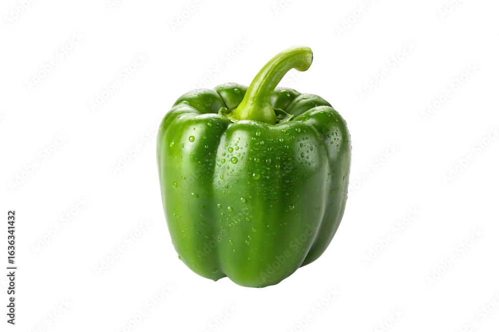 Fresh green bell pepper with water droplets showing glossy skin and curved stem, isolated on a transparent background Fresh green bell pepper with water droplets showing glossy skin and curved stem, isolated on a transparent background