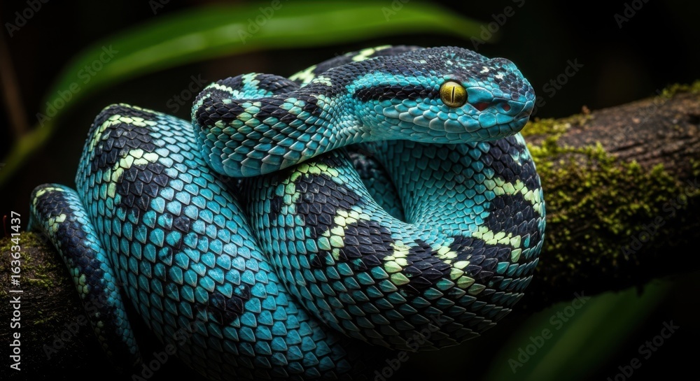 Obraz premium Vivid Blue Pit Viper Coiled on a Mossy Branch in Tropical Rainforest