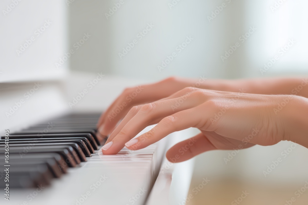 Obraz premium Hands Playing Musical Notes on a White Piano Keyboard