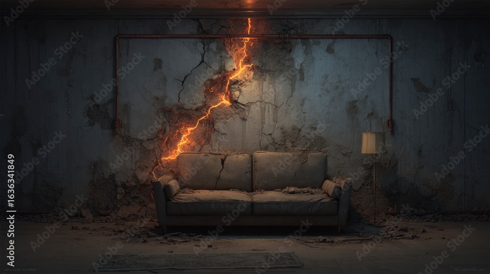 Obraz premium Damaged room interior with couch