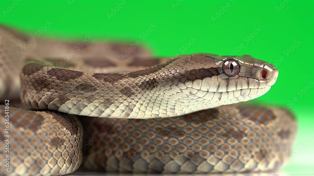 Close-up Studio Shot of a Brown Patterned Snake with Vivid Eyes Against a Bright Green Background, Detailed Reptile Portrait Close-up Studio Shot of a Brown Patterned Snake with Vivid Eyes Against a Bright Green Background, Detailed Reptile Portrait