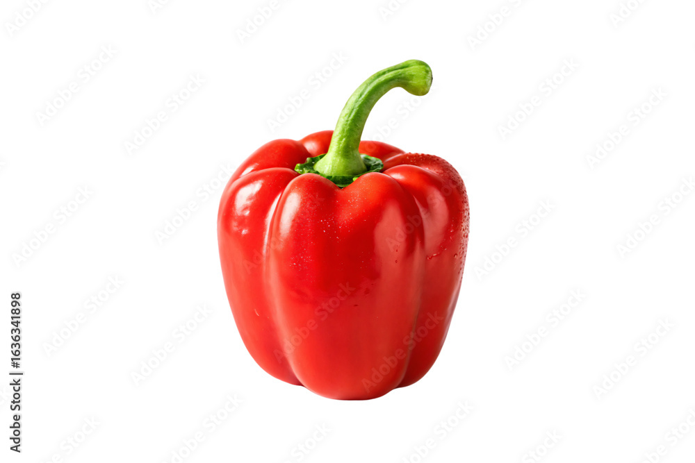 Bright red bell pepper with shiny surface, distinctive ribbed texture, green curved stem, and perfect vegetable shape, isolated on a transparent background Bright red bell pepper with shiny surface, distinctive ribbed texture, green curved stem, and perfect vegetable shape, isolated on a transparent background